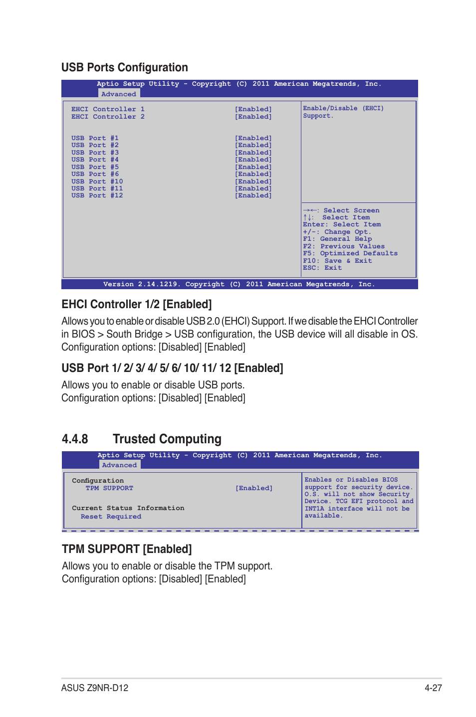 8 trusted computing, Trusted computing -27, Usb ports configuration | Ehci controller 1/2 [enabled, Tpm support [enabled | Asus Z9NR-D12 User Manual | Page 91 / 190