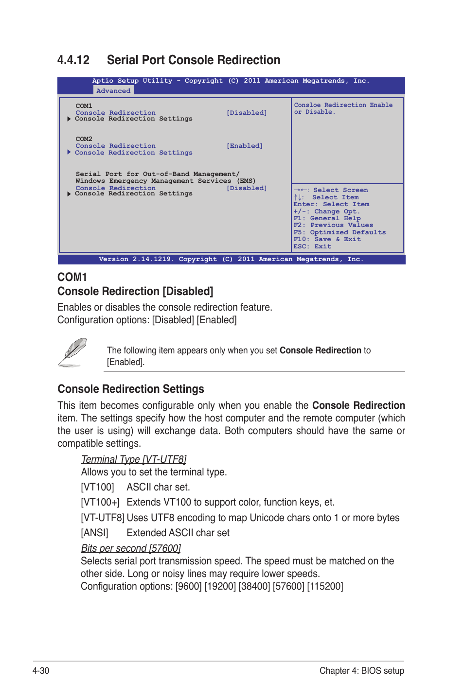 12 serial port console redirection, 12 serial port console redirection -30, Console redirection settings | Com1 console redirection [disabled | Asus Z9NR-D12 User Manual | Page 94 / 190