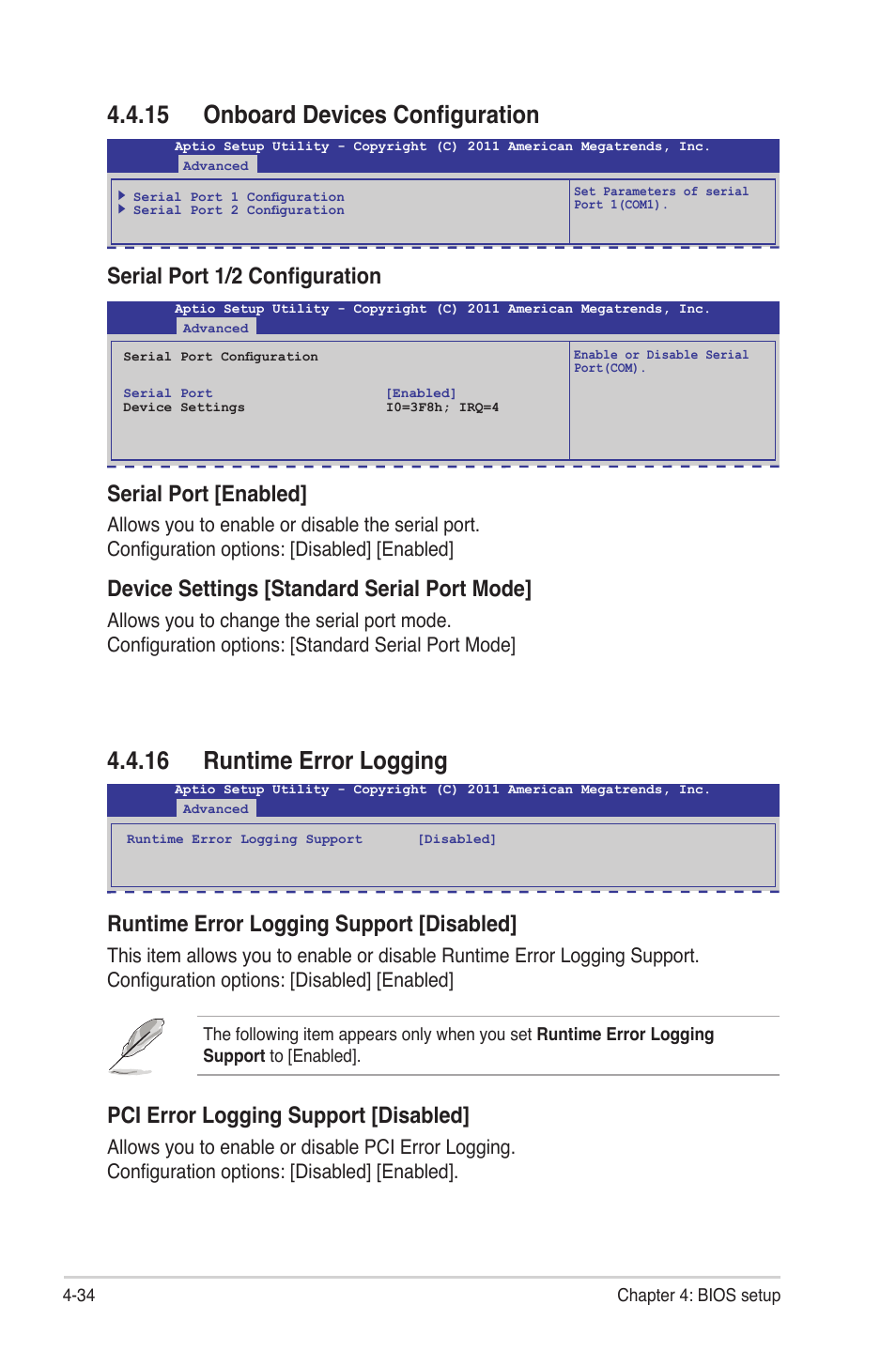 15 onboard devices configuration, 16 runtime error logging, Serial port 1/2 configuration | Serial port [enabled, Device settings [standard serial port mode, Runtime error logging support [disabled, Pci error logging support [disabled | Asus Z9NR-D12 User Manual | Page 98 / 190