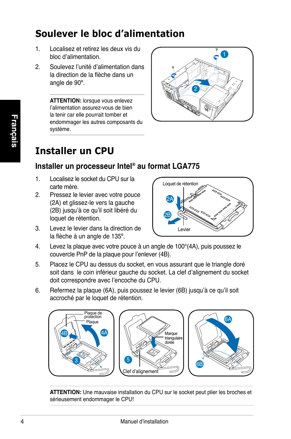 Soulever le bloc d’alimentation, Installer un cpu, Français | Installer un processeur intel, Au format lga775 | Asus T4-P5P43 User Manual | Page 12 / 80