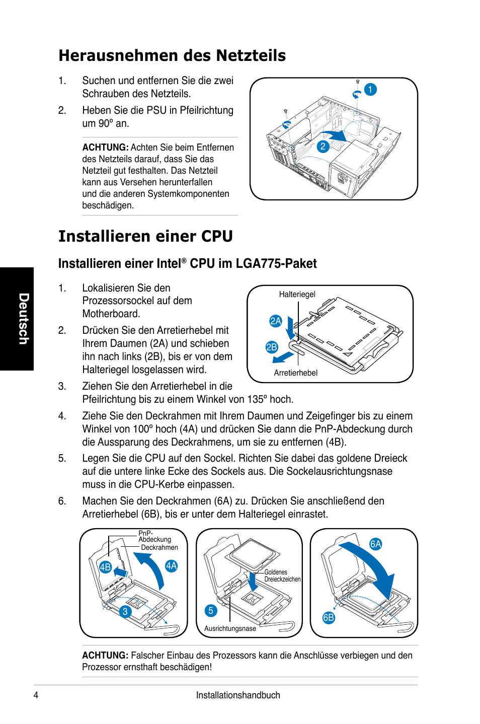 Herausnehmen des netzteils, Installieren einer cpu, Deutsch | Installieren einer intel, Cpu im lga775-paket | Asus T4-P5P43 User Manual | Page 20 / 80