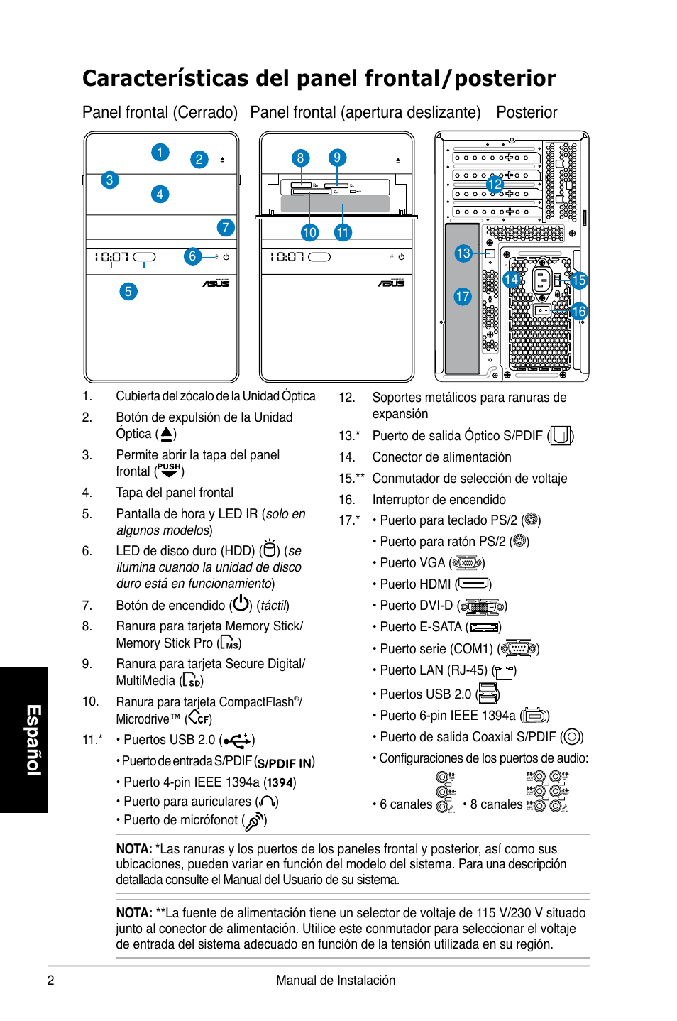 Características del panel frontal/posterior, Español, Manual de instalación | 8 canales | Asus T4-P5P43 User Manual | Page 34 / 80