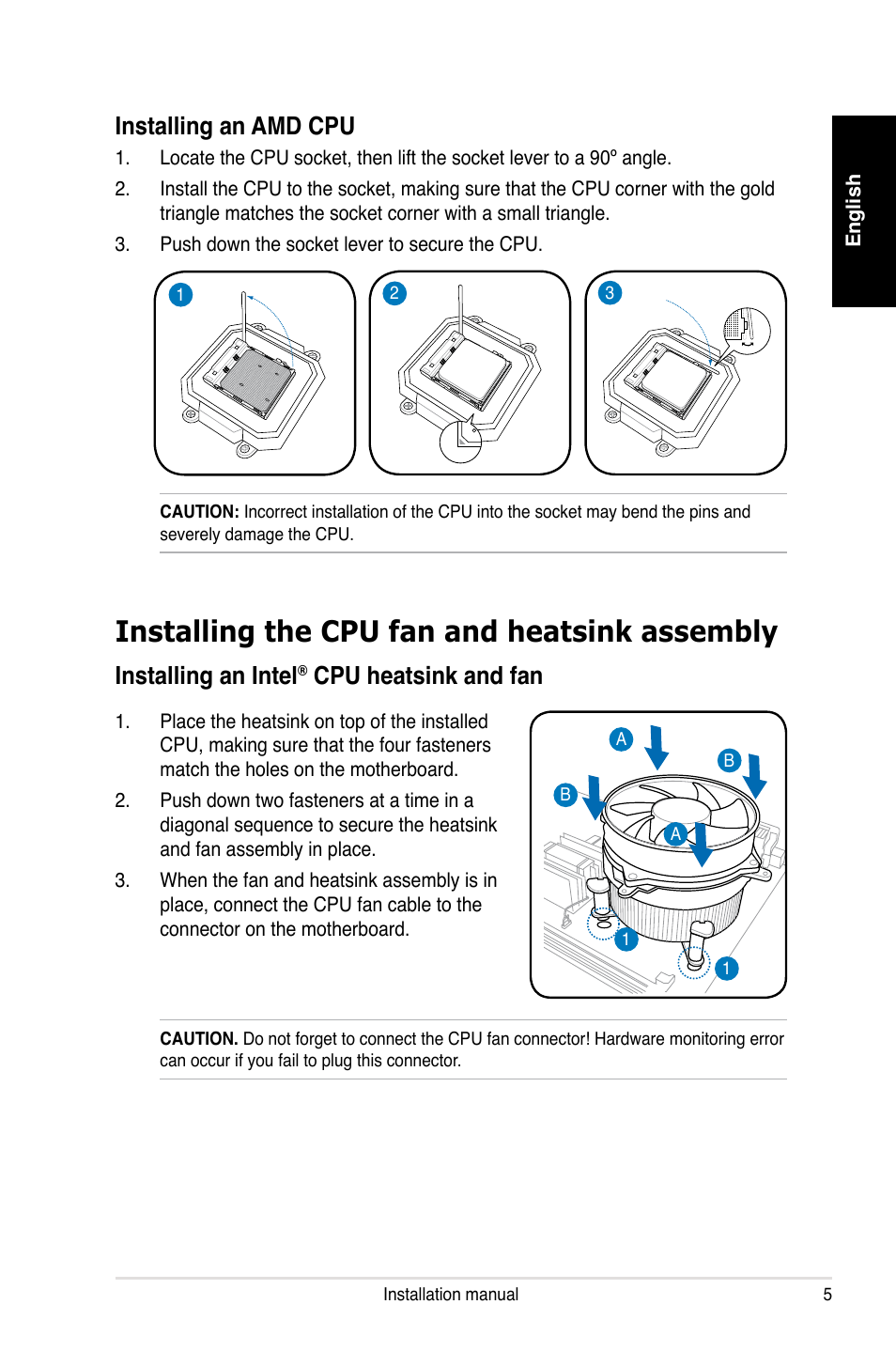 Installing the cpu fan and heatsink assembly, Installing an amd cpu, Installing an intel | Cpu heatsink and fan | Asus T4-P5P43 User Manual | Page 5 / 80