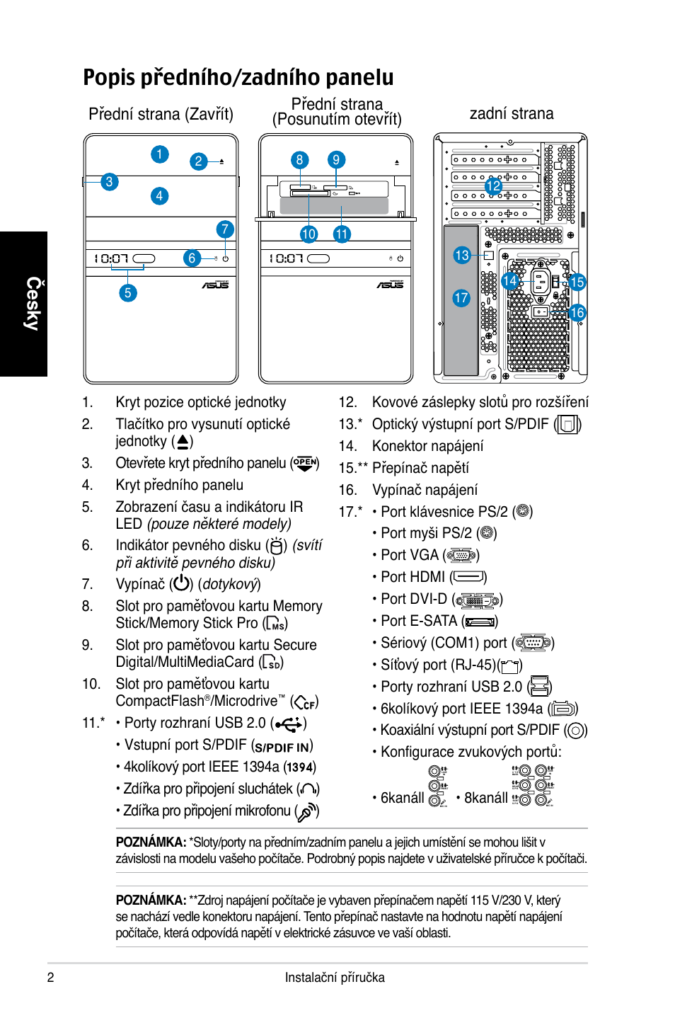 Popis předního/zadního panelu, Česky, Microdrive | 8kanáll | Asus T4-P5P43 User Manual | Page 58 / 80