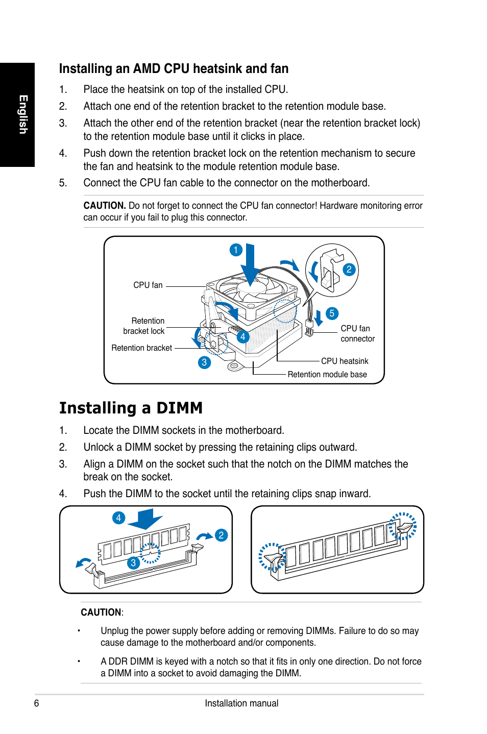 Installing a dimm, Installing an amd cpu heatsink and fan | Asus T4-P5P43 User Manual | Page 6 / 80