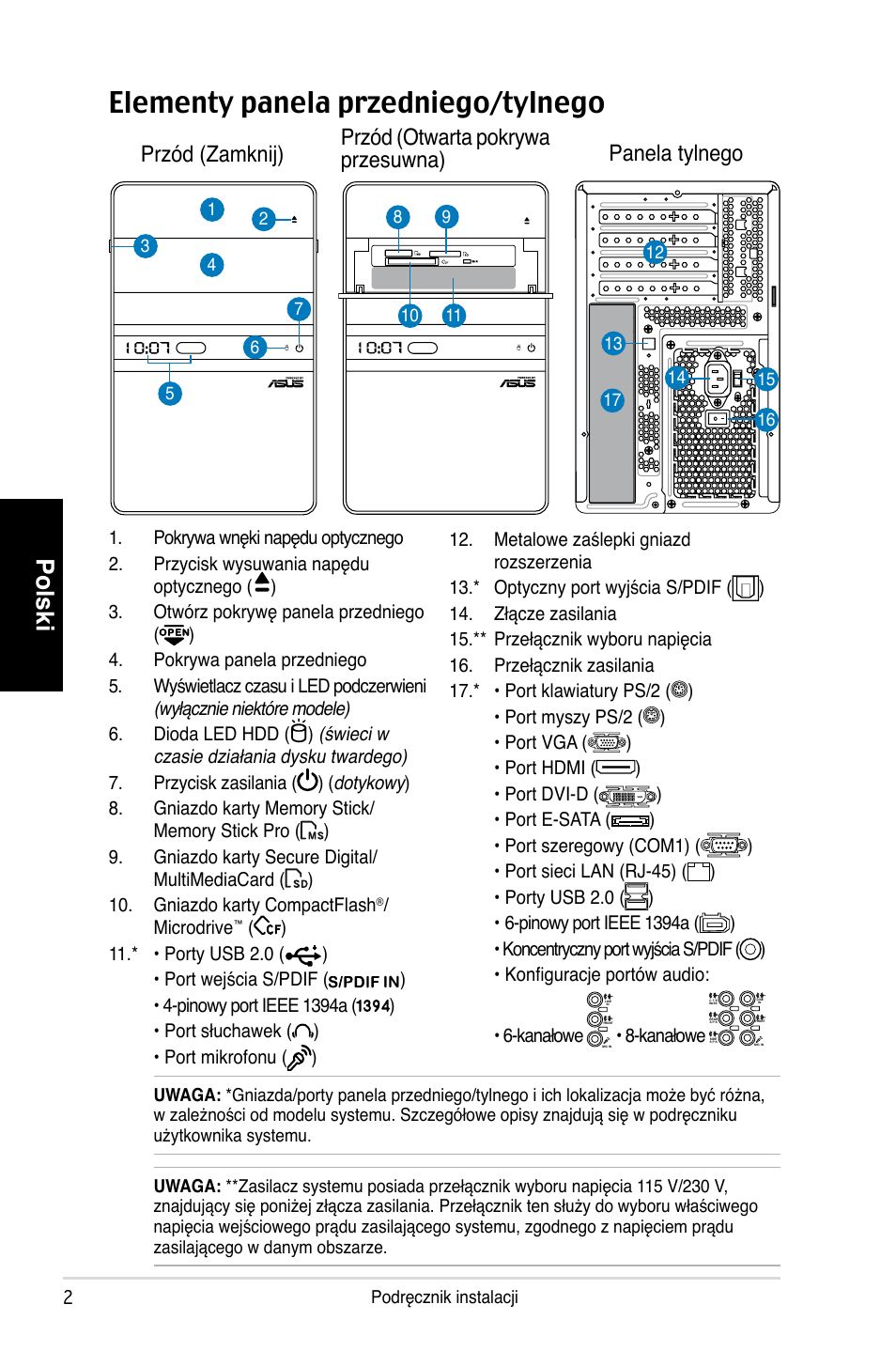 Elementy panela przedniego/tylnego, Polski, Microdrive | * • porty usb .0 ( ) • port wejścia s/pdif, Kanałowe | Asus T4-P5P43 User Manual | Page 66 / 80