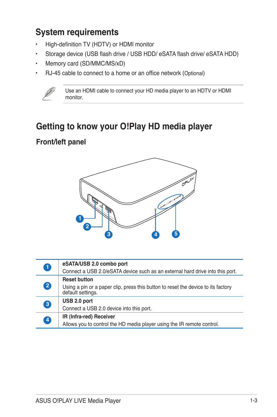 Getting to know your o!play hd media player, System requirements, Front/left panel | Asus O!Play Live User Manual | Page 11 / 66