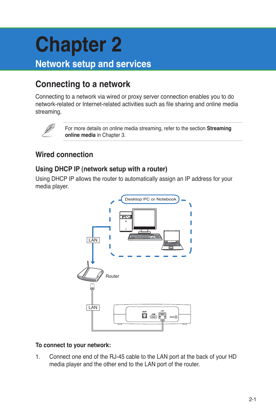 Chapter 2, Network setup and services, Connecting to a network | Asus O!Play Live User Manual | Page 21 / 66