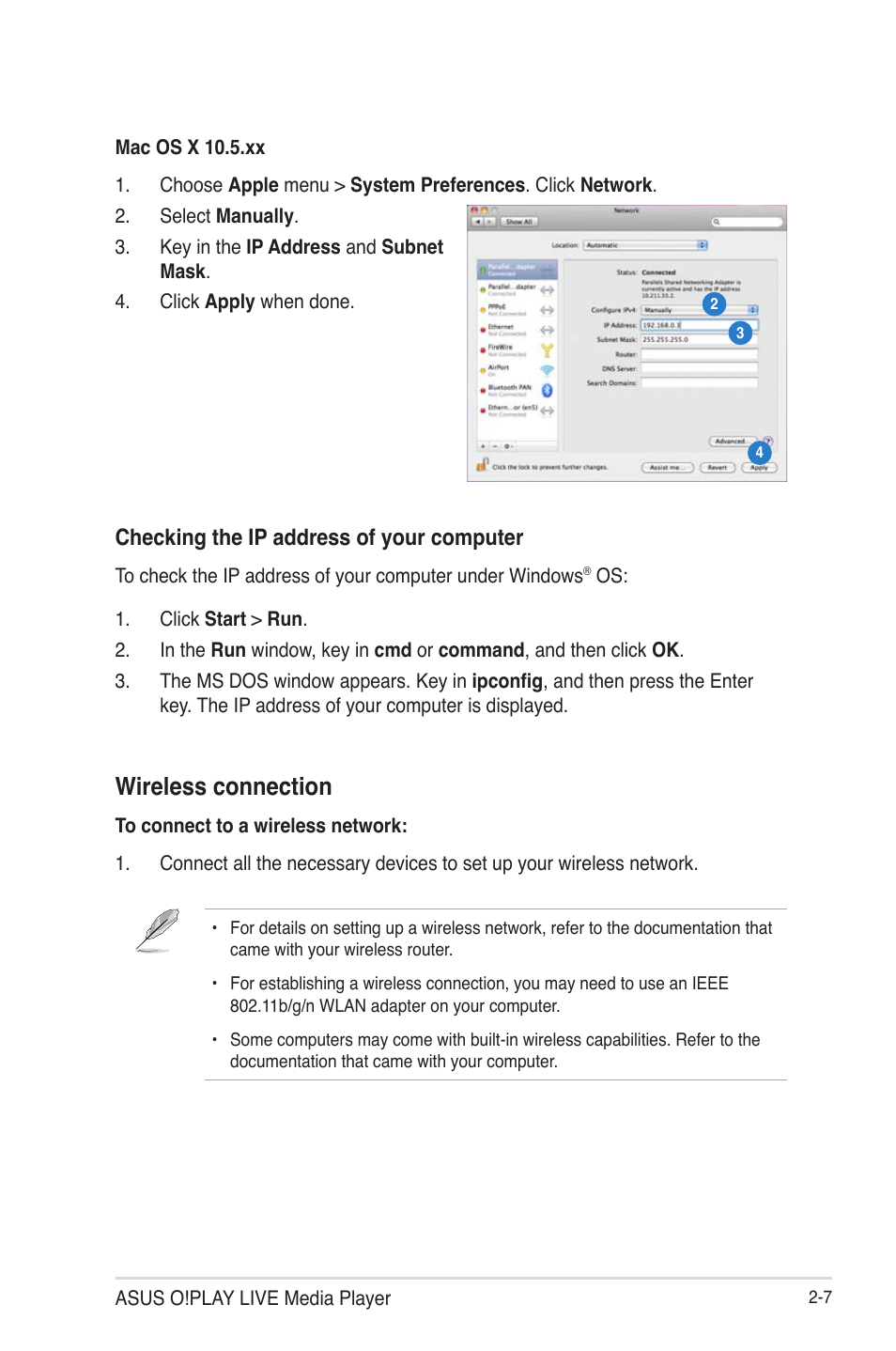 Wireless connection, Checking the ip address of your computer | Asus O!Play Live User Manual | Page 27 / 66