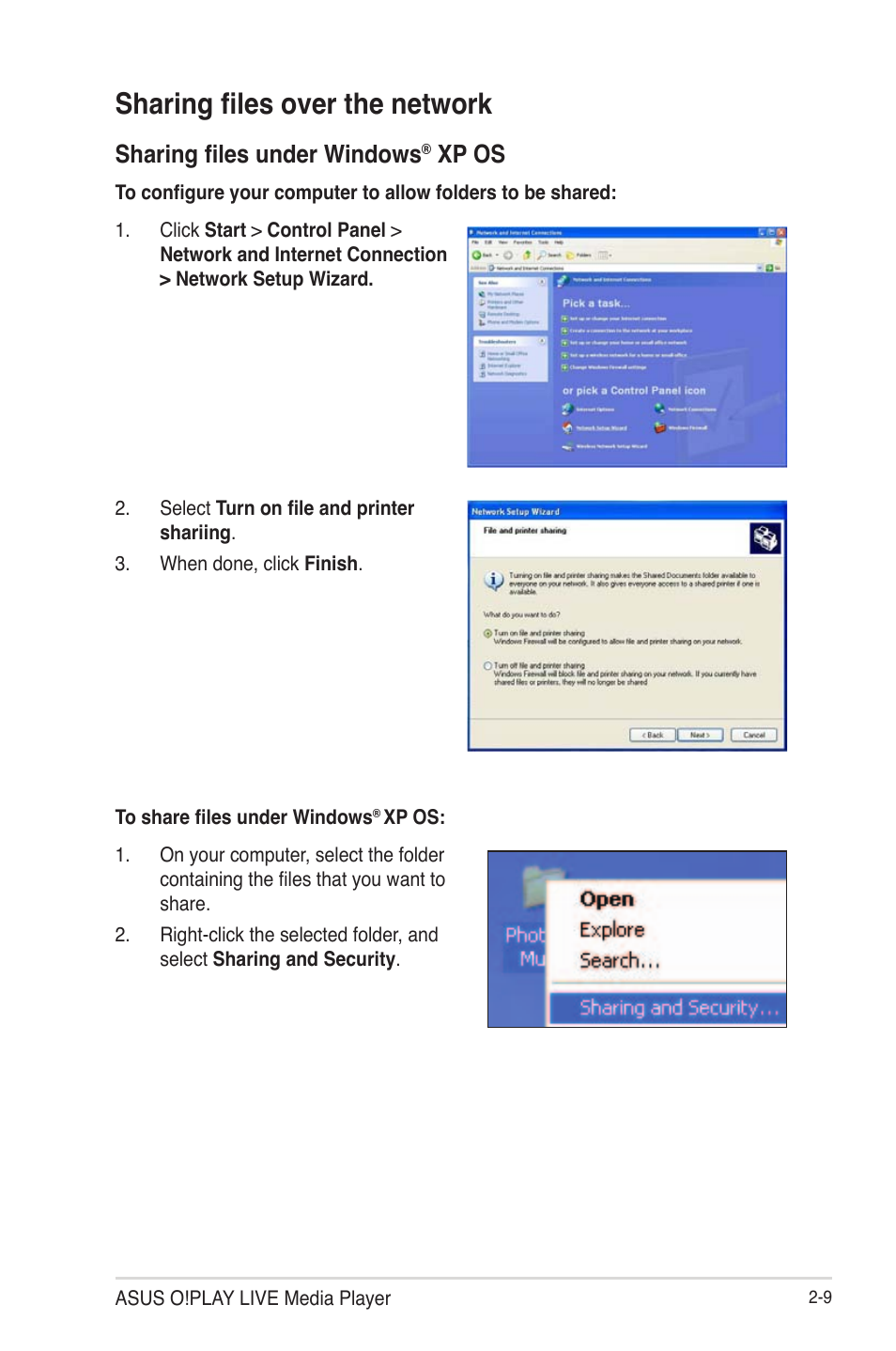 Sharing files over the network, Sharing files under windows, Xp os | Asus O!Play Live User Manual | Page 29 / 66