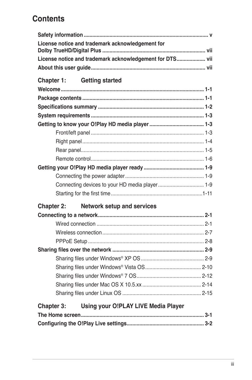 Asus O!Play Live User Manual | Page 3 / 66