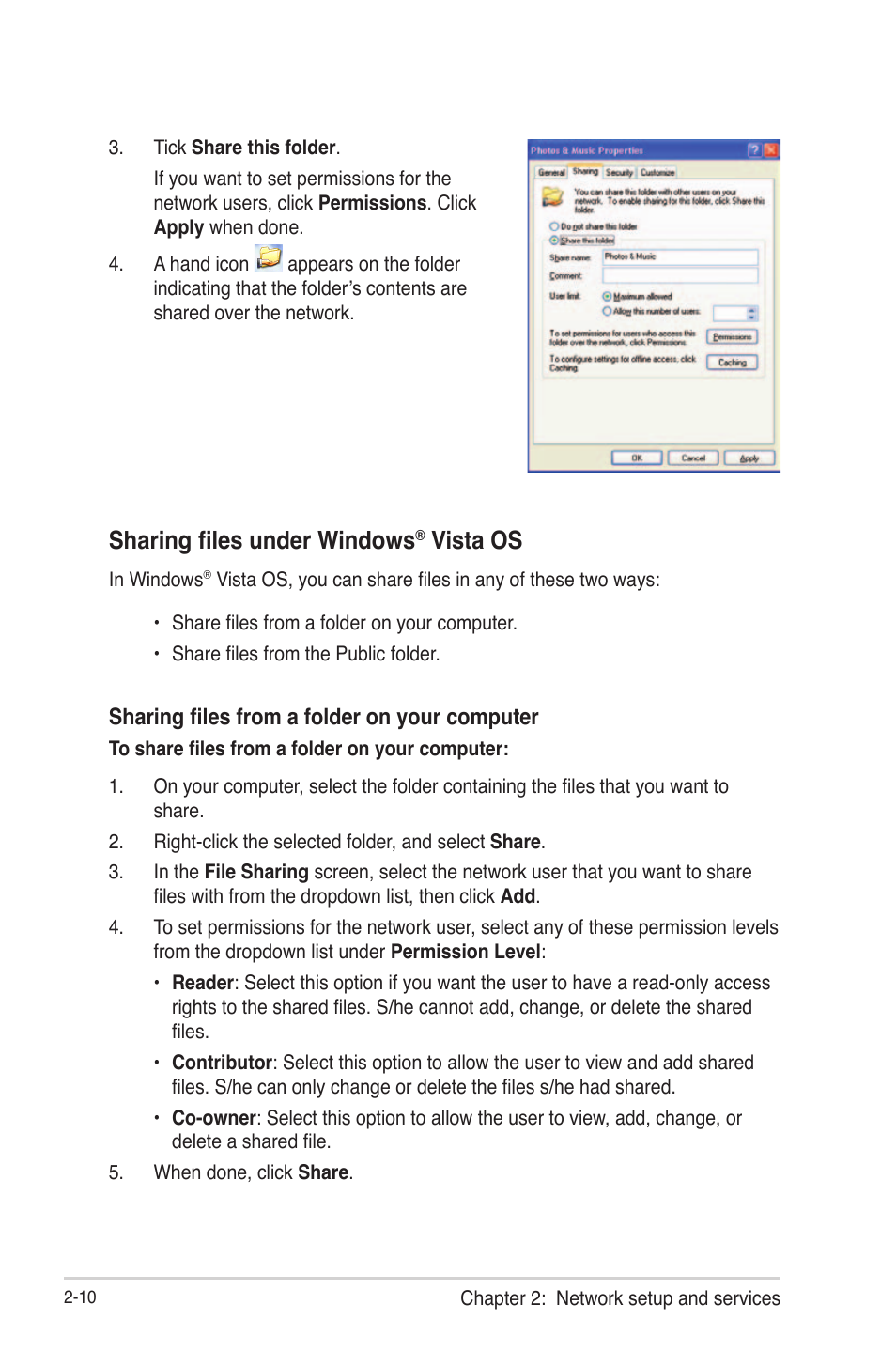 Sharing files under windows, Vista os | Asus O!Play Live User Manual | Page 30 / 66