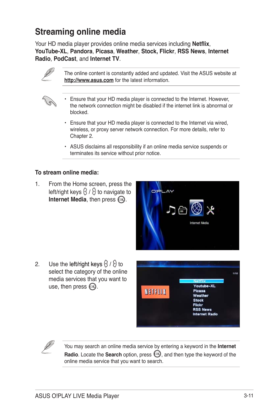 Streaming online media | Asus O!Play Live User Manual | Page 47 / 66