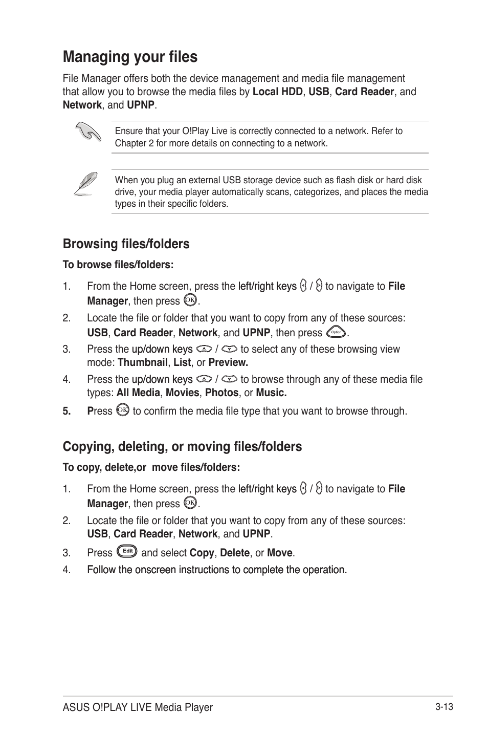 Managing your files, Browsing files/folders, Copying, deleting, or moving files/folders | Asus O!Play Live User Manual | Page 49 / 66