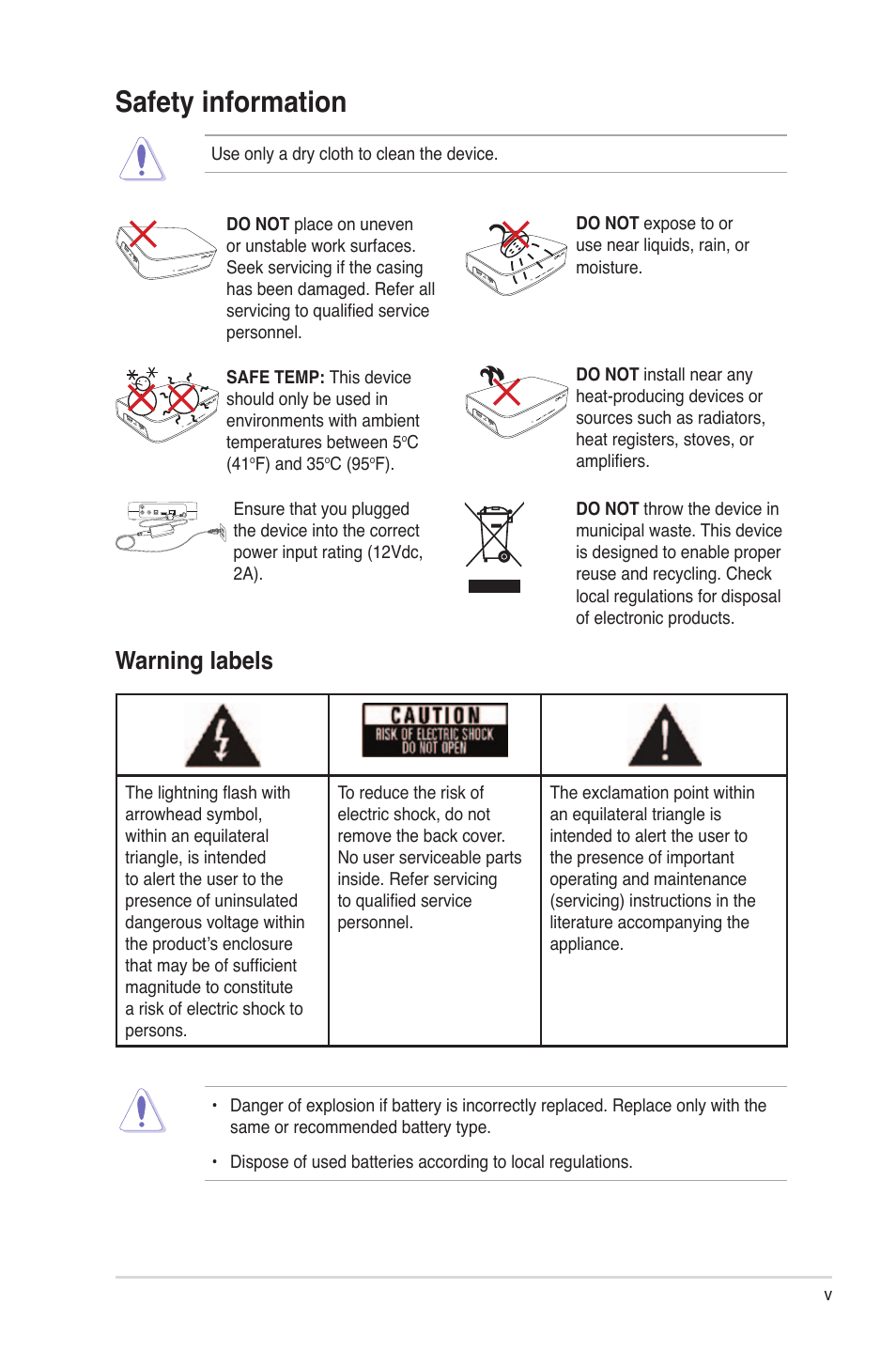 Safety information, Warning labels | Asus O!Play Live User Manual | Page 5 / 66