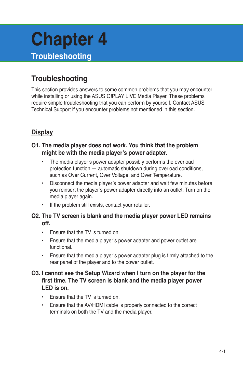 Chapter 4, Troubleshooting | Asus O!Play Live User Manual | Page 51 / 66