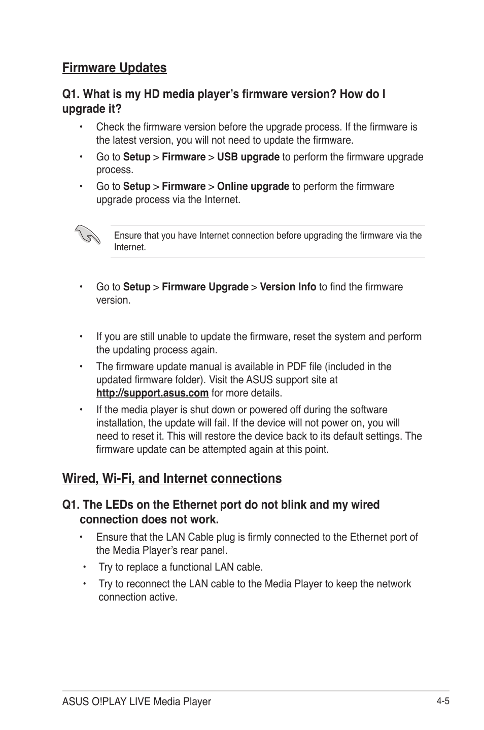 Firmware updates, Wired, wi-fi, and internet connections | Asus O!Play Live User Manual | Page 55 / 66