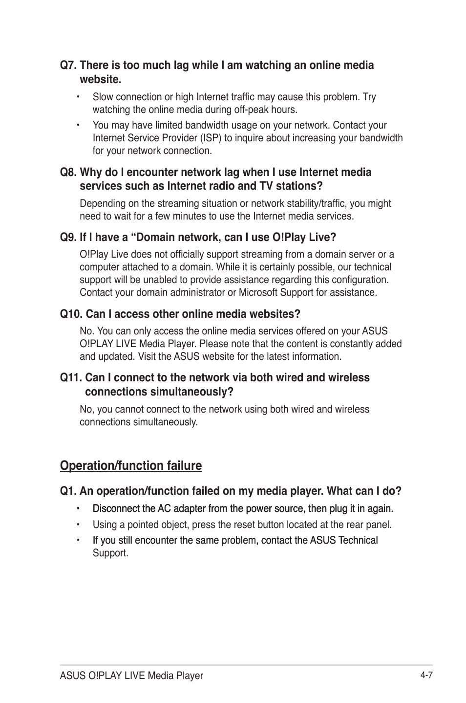 Operation/function failure | Asus O!Play Live User Manual | Page 57 / 66