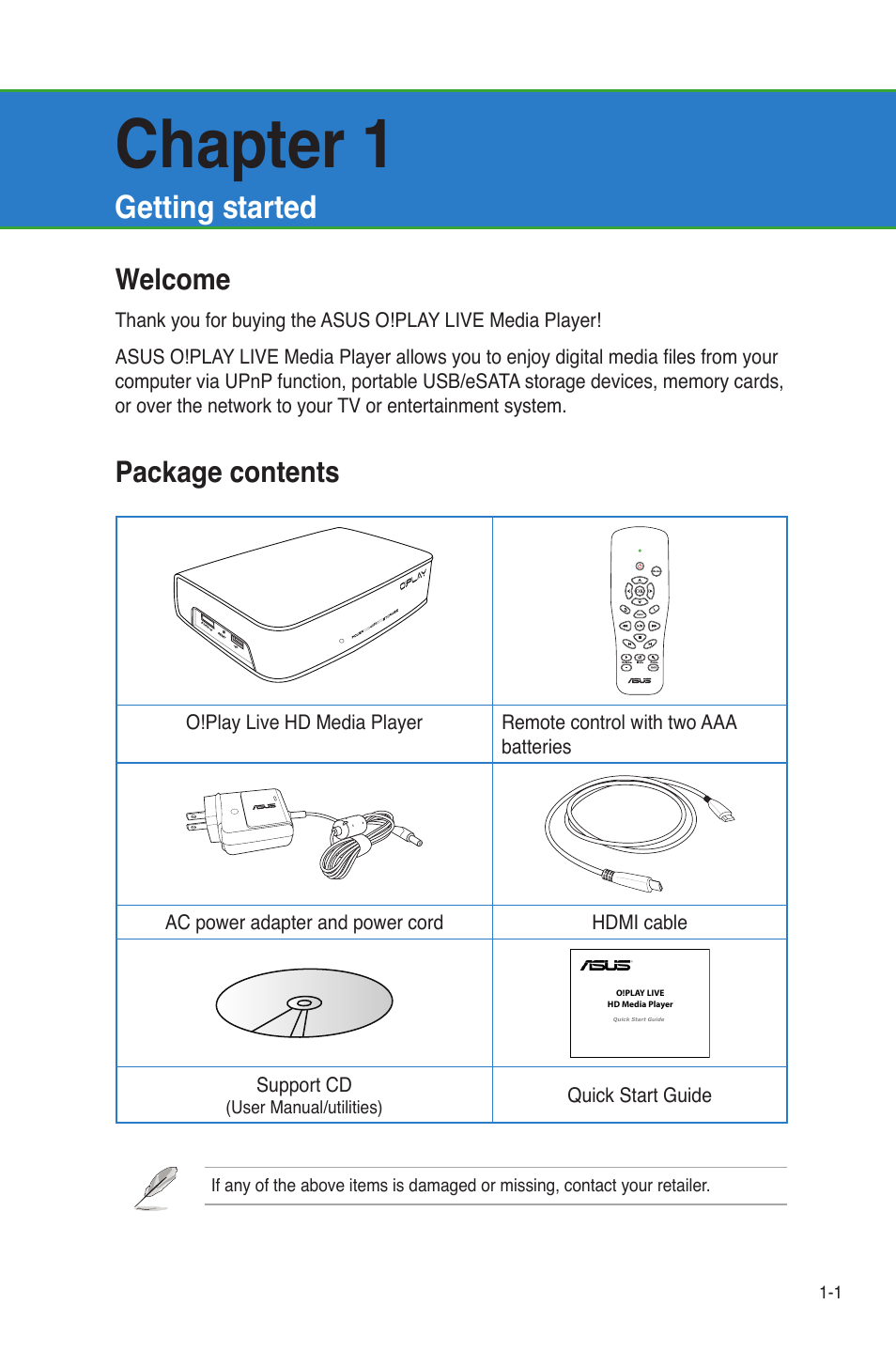 Chapter 1, Getting started, Welcome | Package contents | Asus O!Play Live User Manual | Page 9 / 66