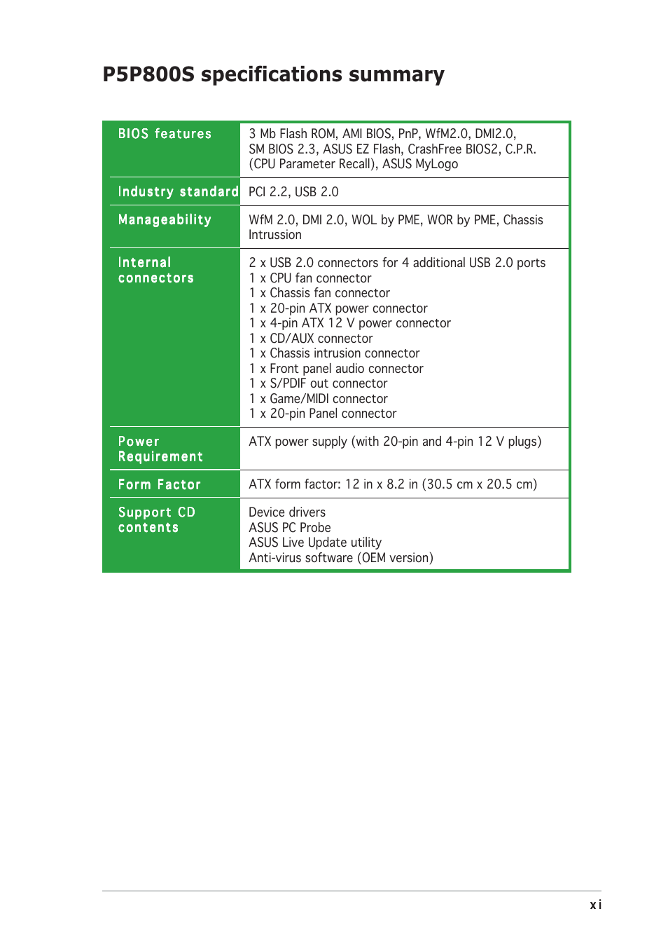 P5p800s specifications summary | Asus P5P800S User Manual | Page 11 / 88