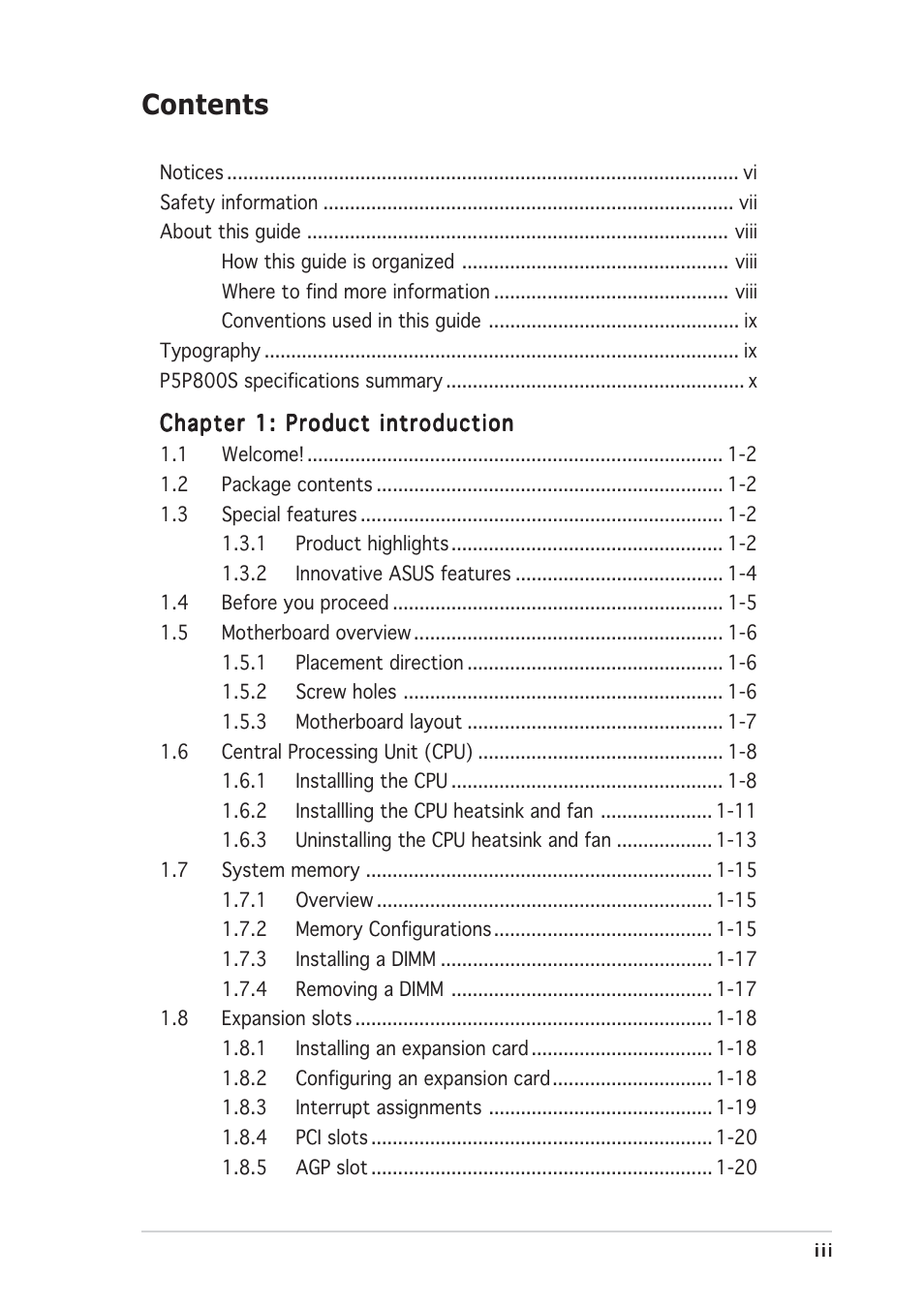 Asus P5P800S User Manual | Page 3 / 88