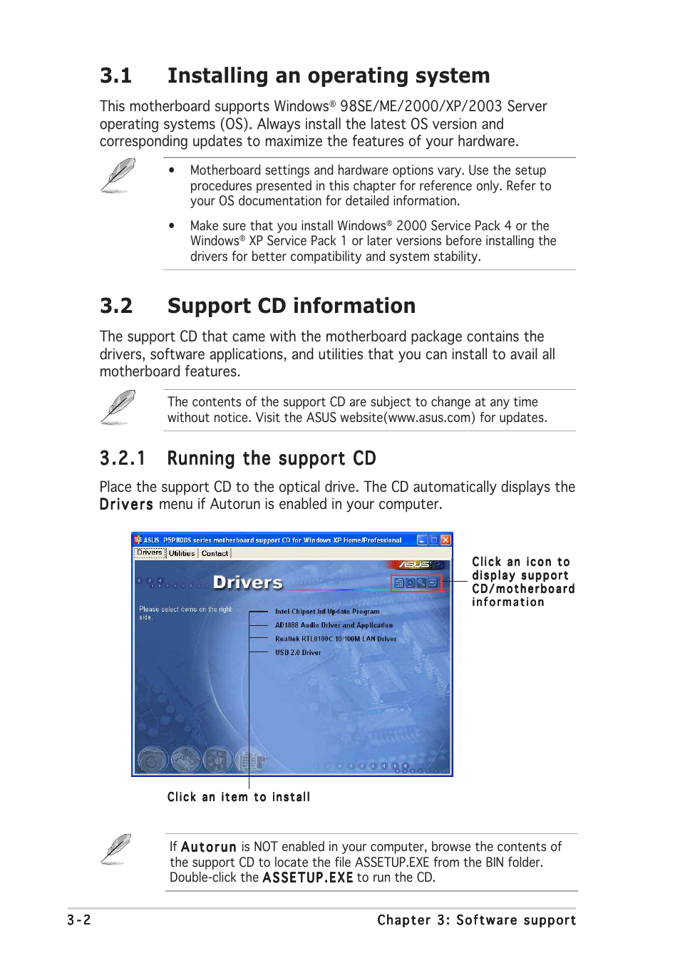 1 installing an operating system, 2 support cd information | Asus P5P800S User Manual | Page 84 / 88