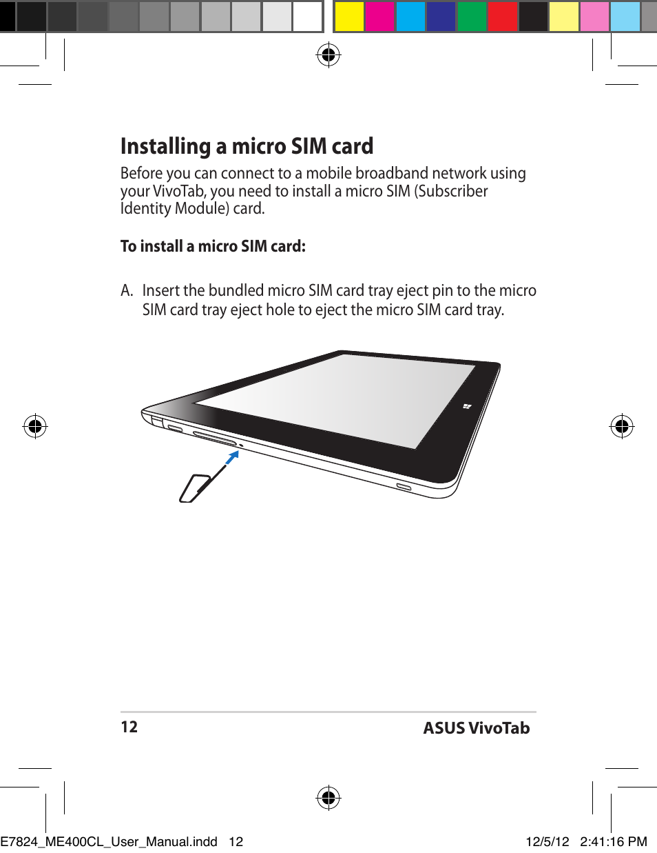 Installing a micro sim card | Asus VivoTab Smart User Manual | Page 12 / 26