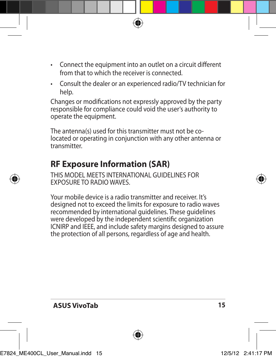 Rf exposure information (sar) | Asus VivoTab Smart User Manual | Page 15 / 26