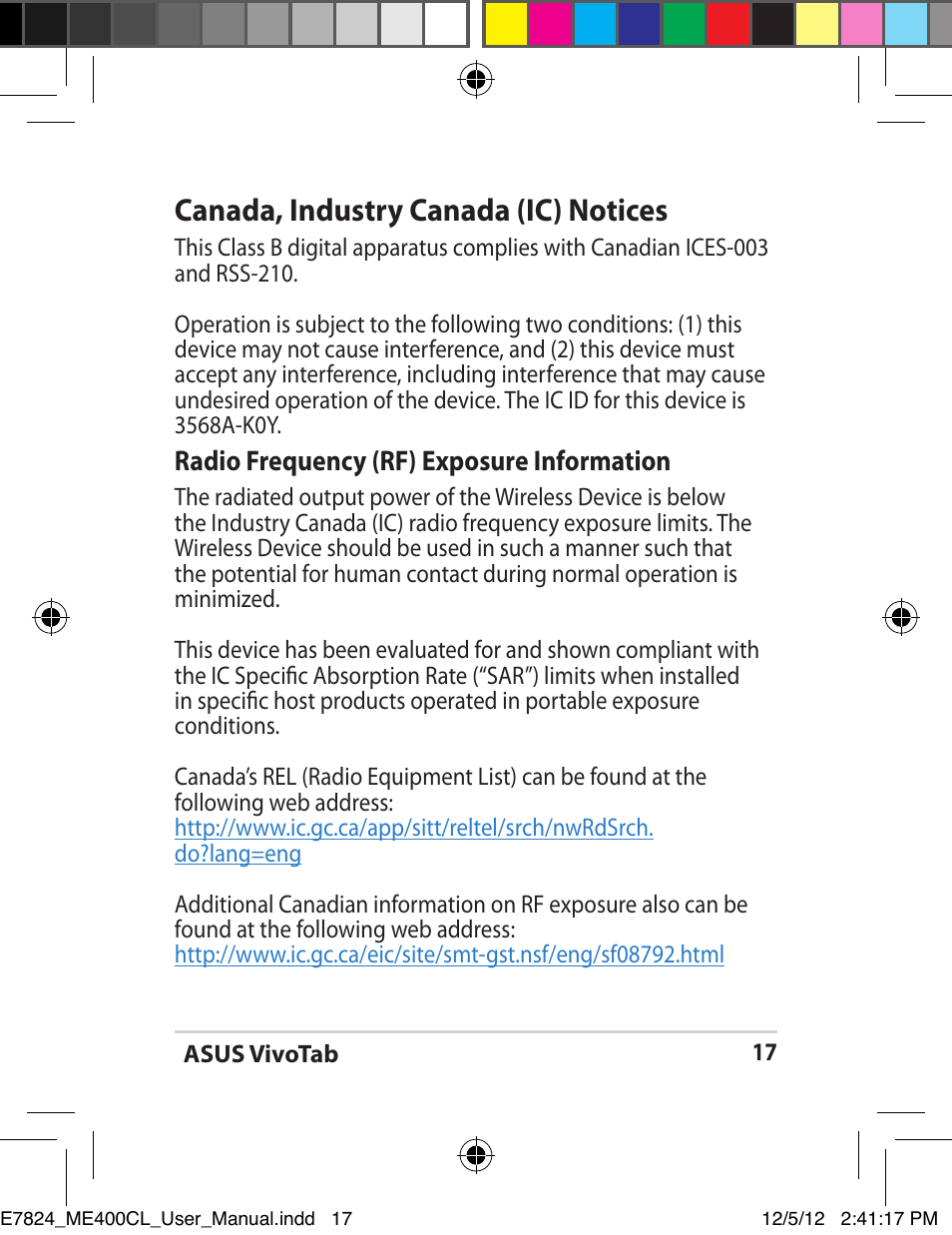 Canada, industry canada (ic) notices | Asus VivoTab Smart User Manual | Page 17 / 26