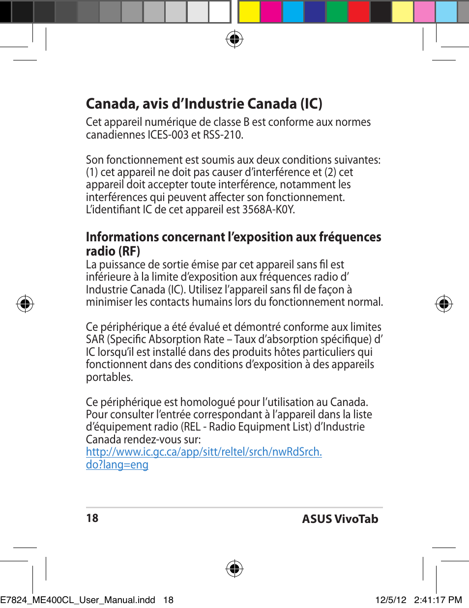 Canada, avis d’industrie canada (ic) | Asus VivoTab Smart User Manual | Page 18 / 26