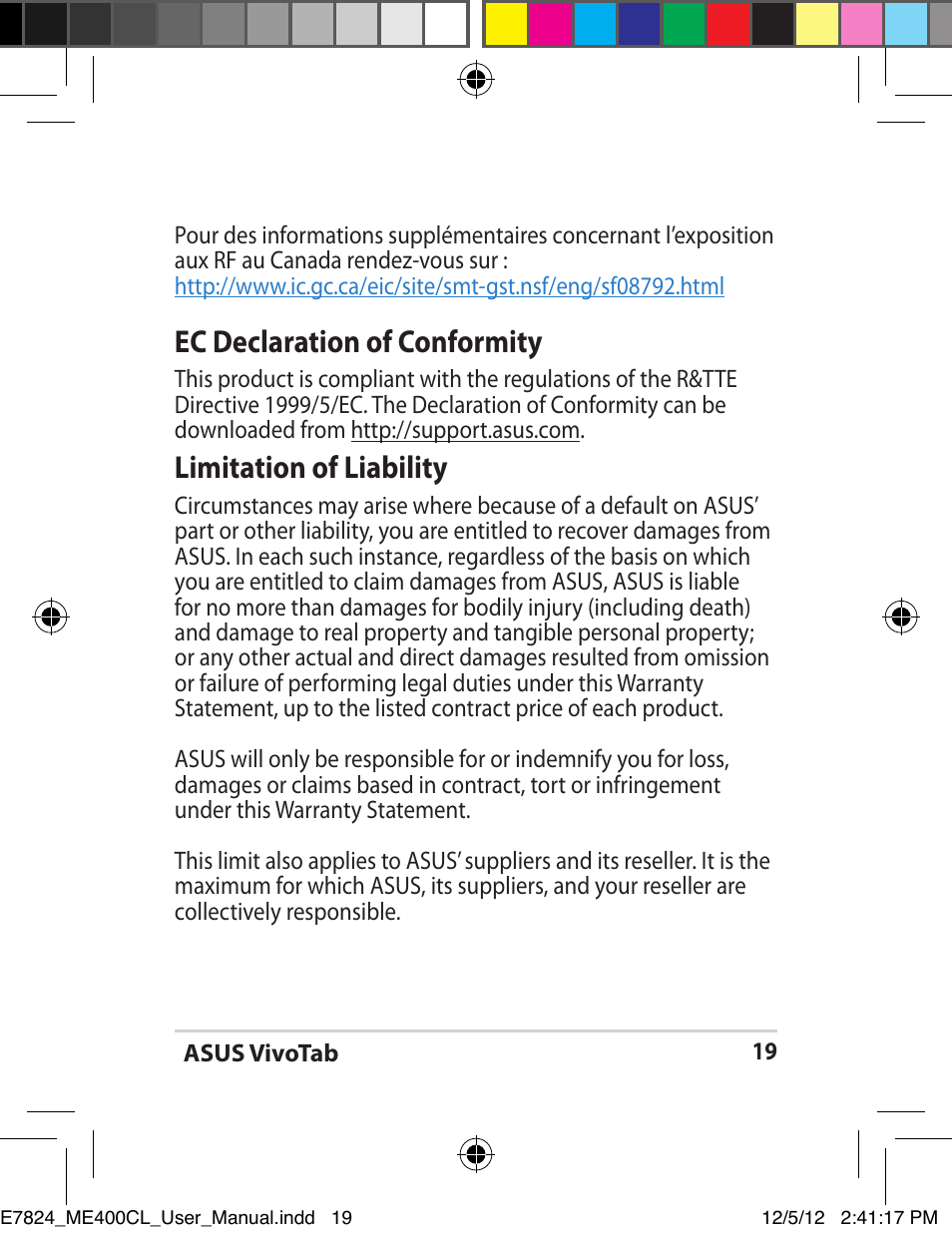 Ec declaration of conformity, Limitation of liability | Asus VivoTab Smart User Manual | Page 19 / 26