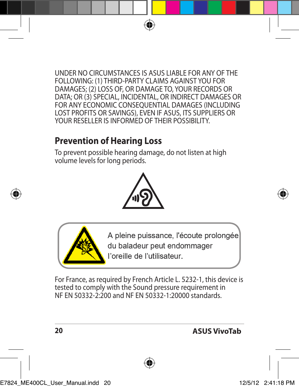 Prevention of hearing loss | Asus VivoTab Smart User Manual | Page 20 / 26