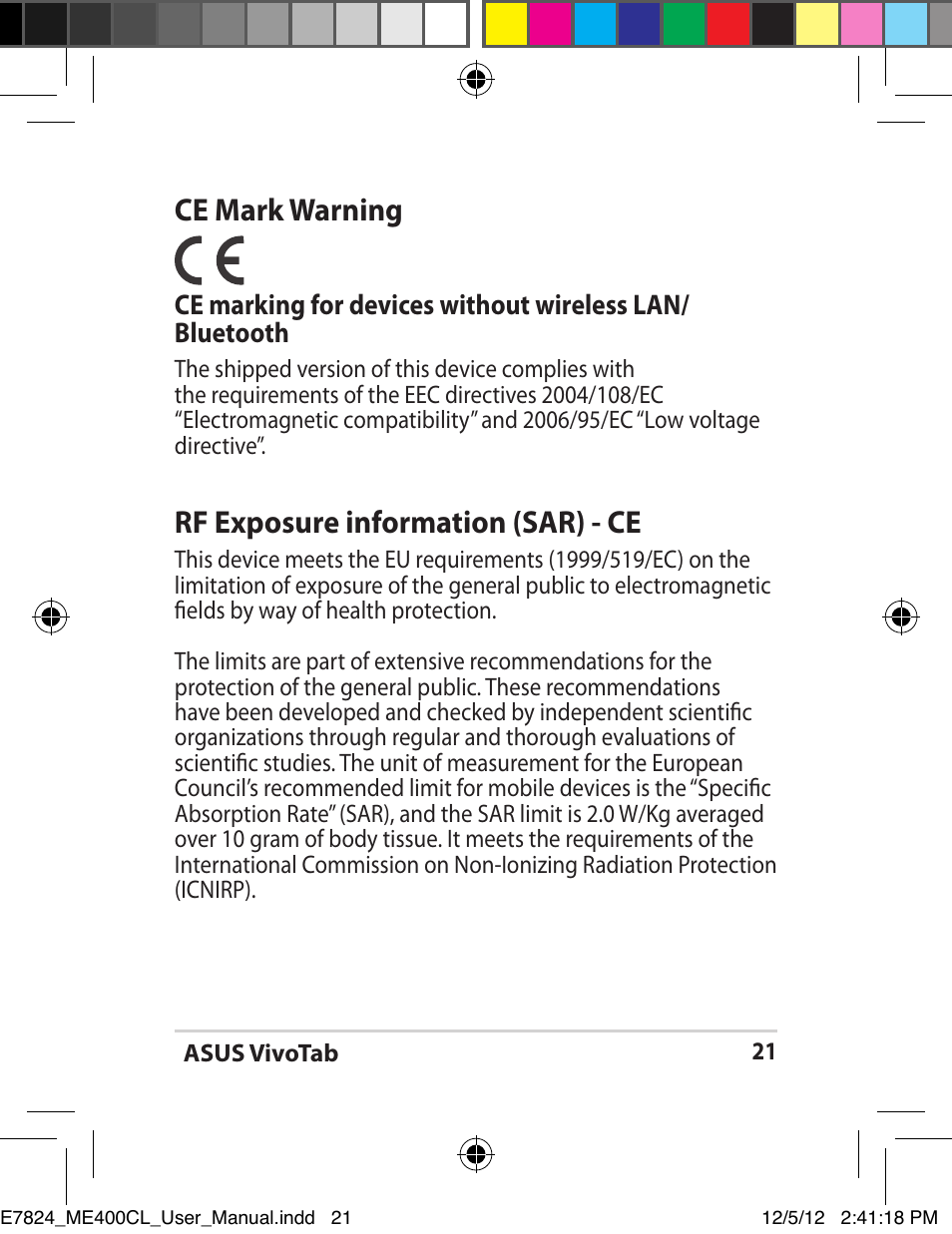 Ce mark warning, Rf exposure information (sar) - ce | Asus VivoTab Smart User Manual | Page 21 / 26