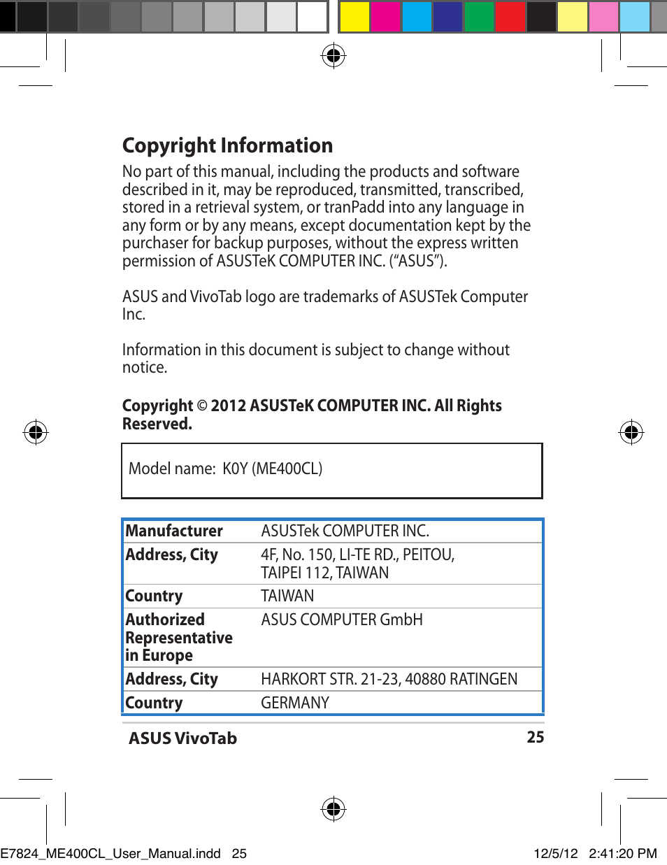 Copyright information | Asus VivoTab Smart User Manual | Page 25 / 26