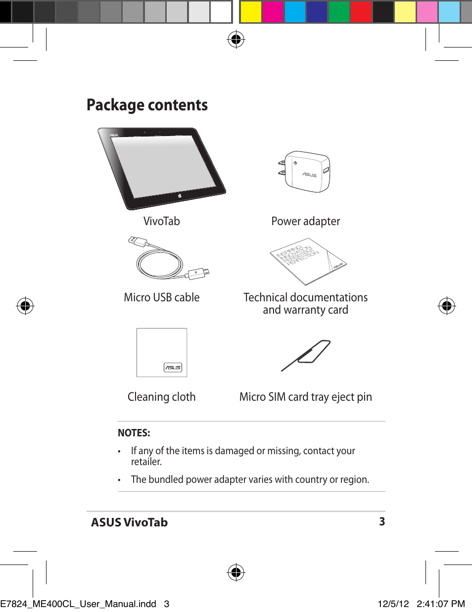 Package contents | Asus VivoTab Smart User Manual | Page 3 / 26