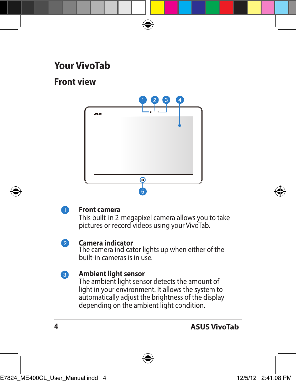 Your vivotab, Front view | Asus VivoTab Smart User Manual | Page 4 / 26