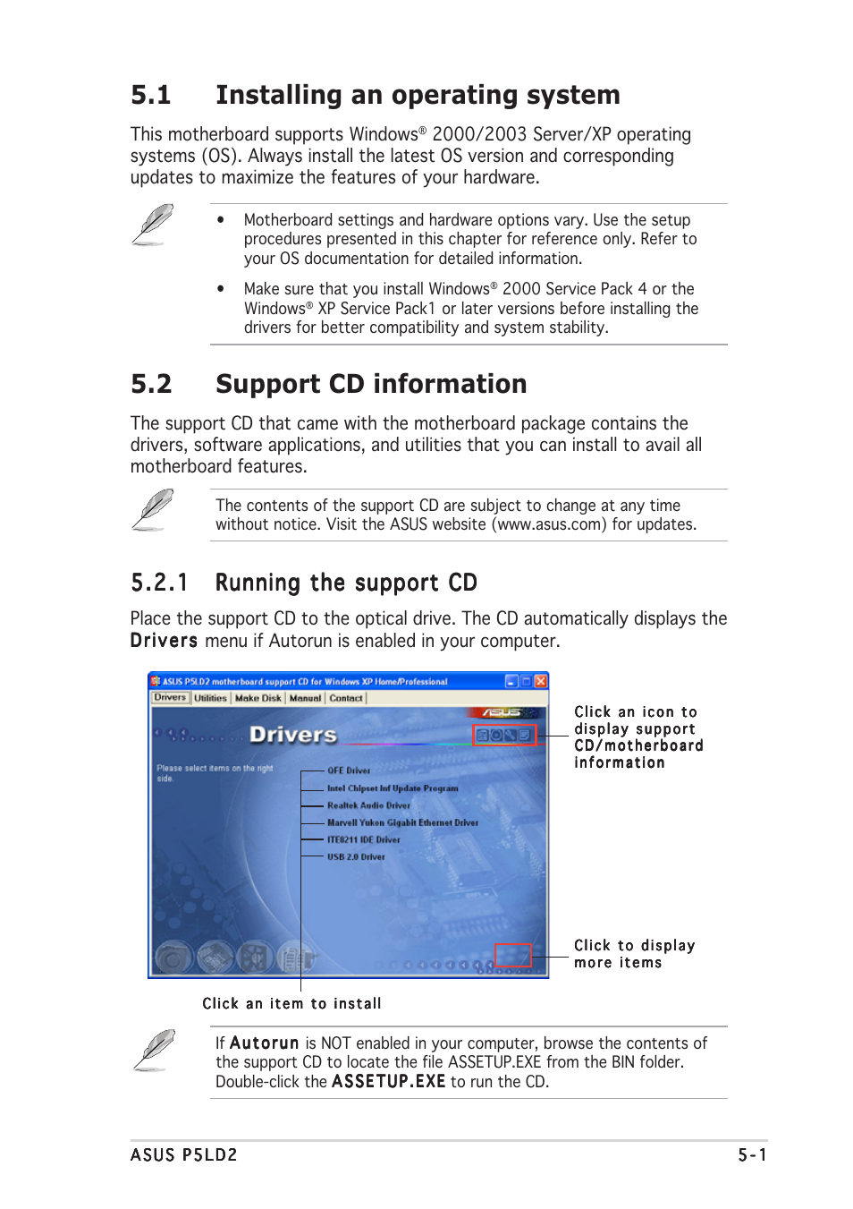 1 installing an operating system, 2 support cd information | Asus P5LD2 User Manual | Page 105 / 140