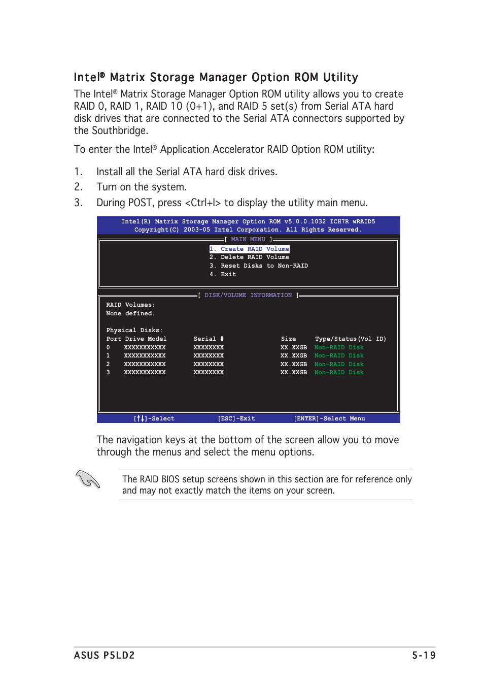 Intel, Matrix storage manager option rom utility, The intel | Asus P5LD2 User Manual | Page 123 / 140