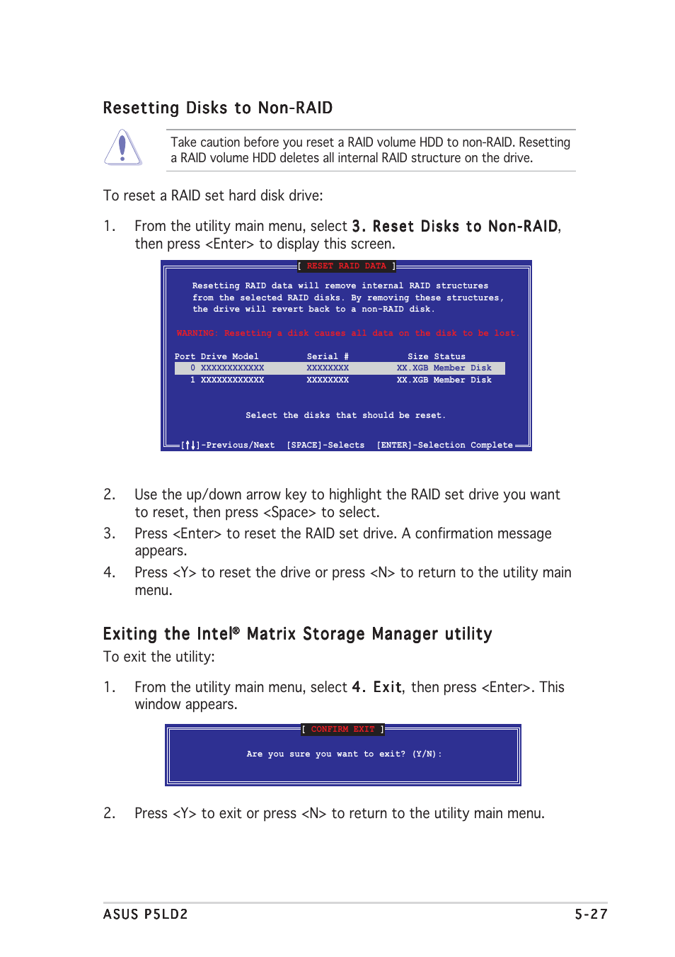 Exiting the intel, Matrix storage manager utility, Resetting disks to non-raid | Asus P5LD2 User Manual | Page 131 / 140