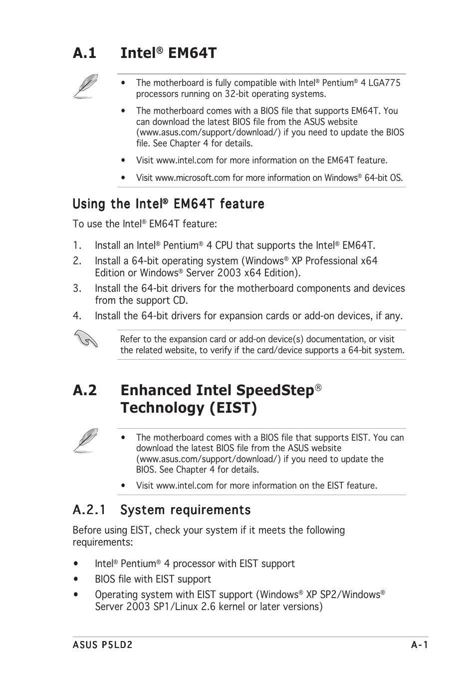 A.1 intel, Em64t, A.2 enhanced intel speedstep | Technology (eist), Using the intel, Em64t feature, A.2.1 | Asus P5LD2 User Manual | Page 137 / 140