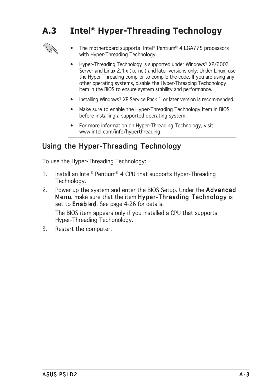 A.3 intel, Hyper-threading technology, Using the hyper-threading technology | Asus P5LD2 User Manual | Page 139 / 140