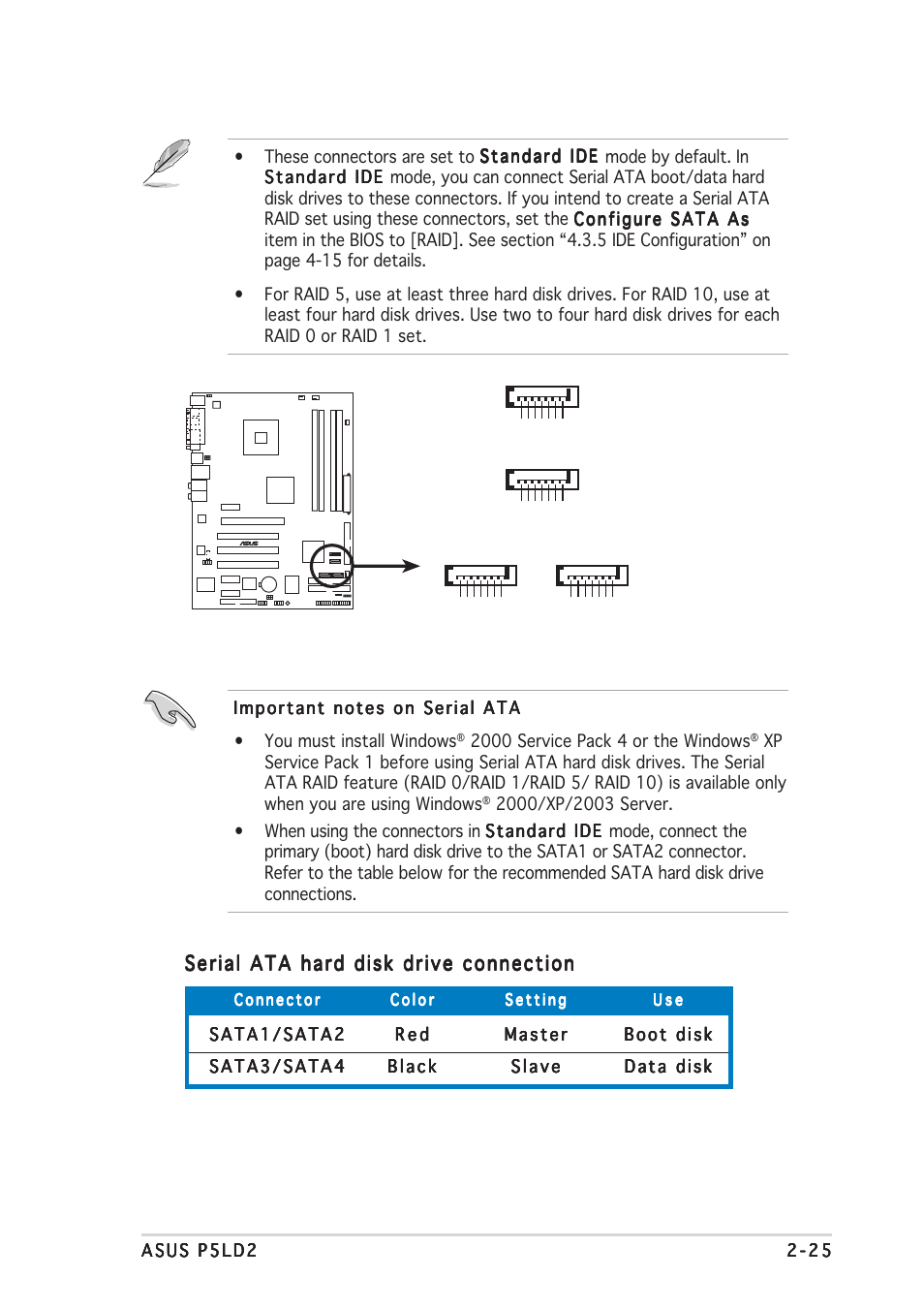 P5ld2 sata connectors | Asus P5LD2 User Manual | Page 47 / 140