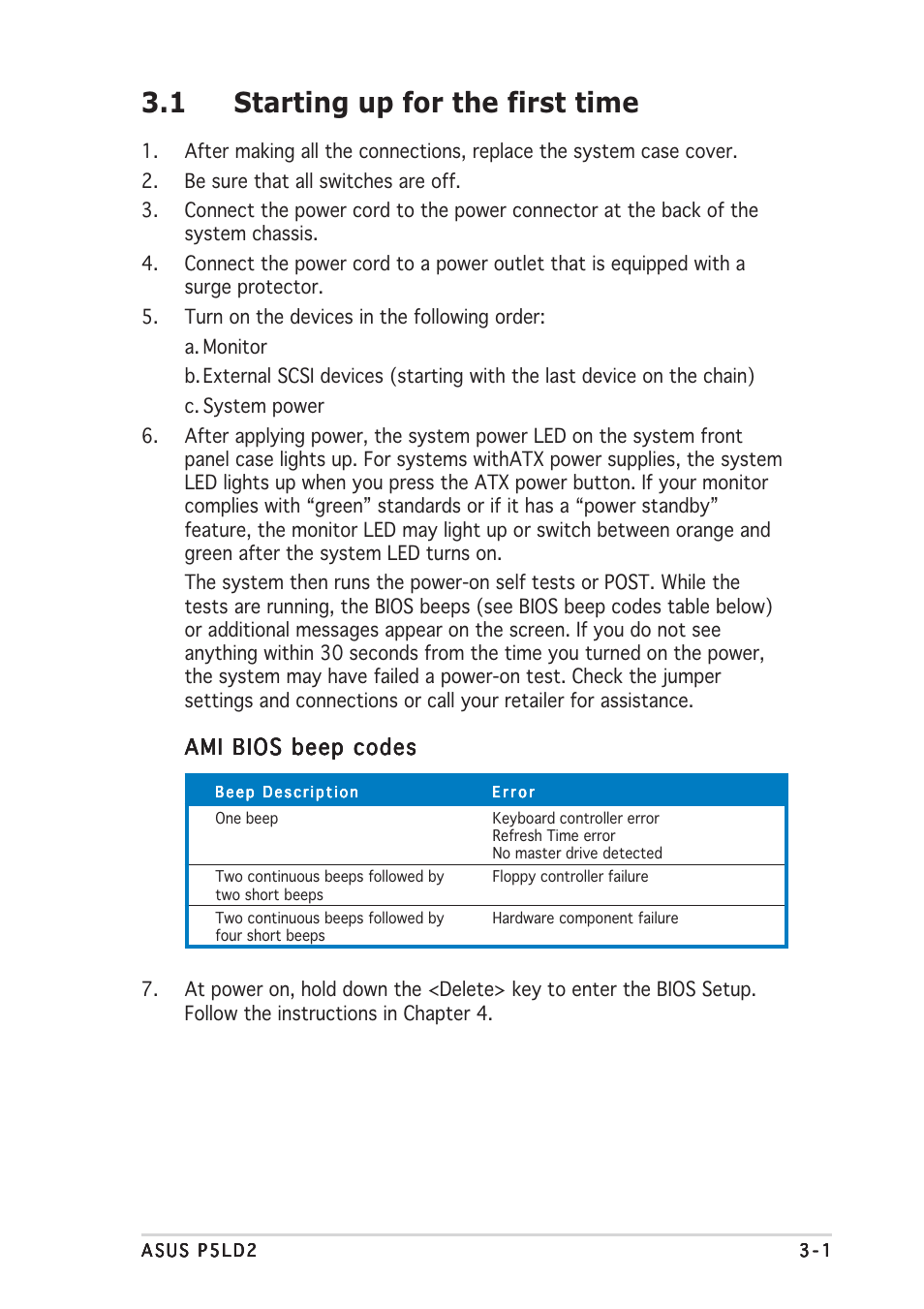 1 starting up for the first time, Ami bios beep codes | Asus P5LD2 User Manual | Page 55 / 140