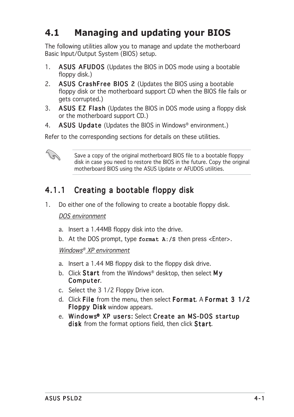 1 managing and updating your bios | Asus P5LD2 User Manual | Page 59 / 140