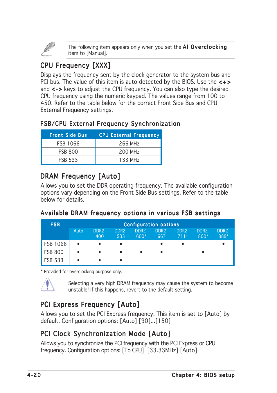 Cpu frequency [xxx, Pci express frequency [auto, Pci clock synchronization mode [auto | Dram frequency [auto | Asus P5LD2 User Manual | Page 78 / 140