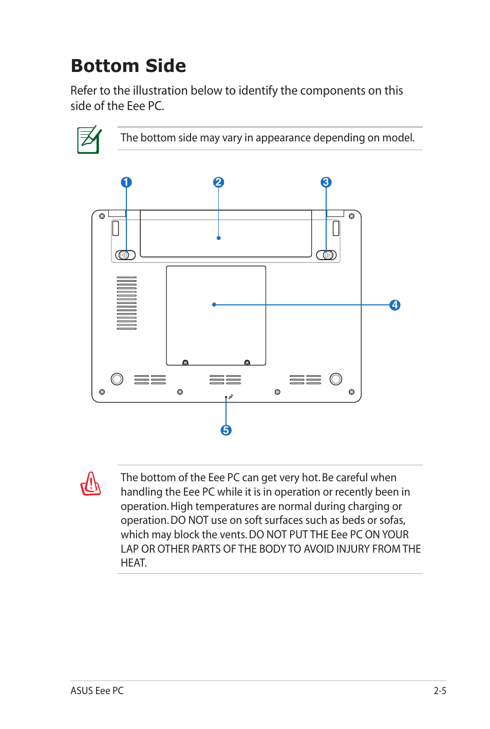 Bottom side | Asus Eee PC 701SD/XP User Manual | Page 17 / 80