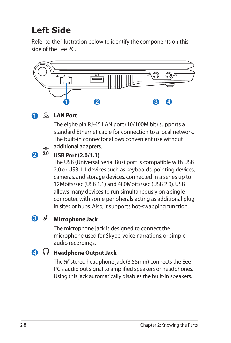 Left side | Asus Eee PC 701SD/XP User Manual | Page 20 / 80