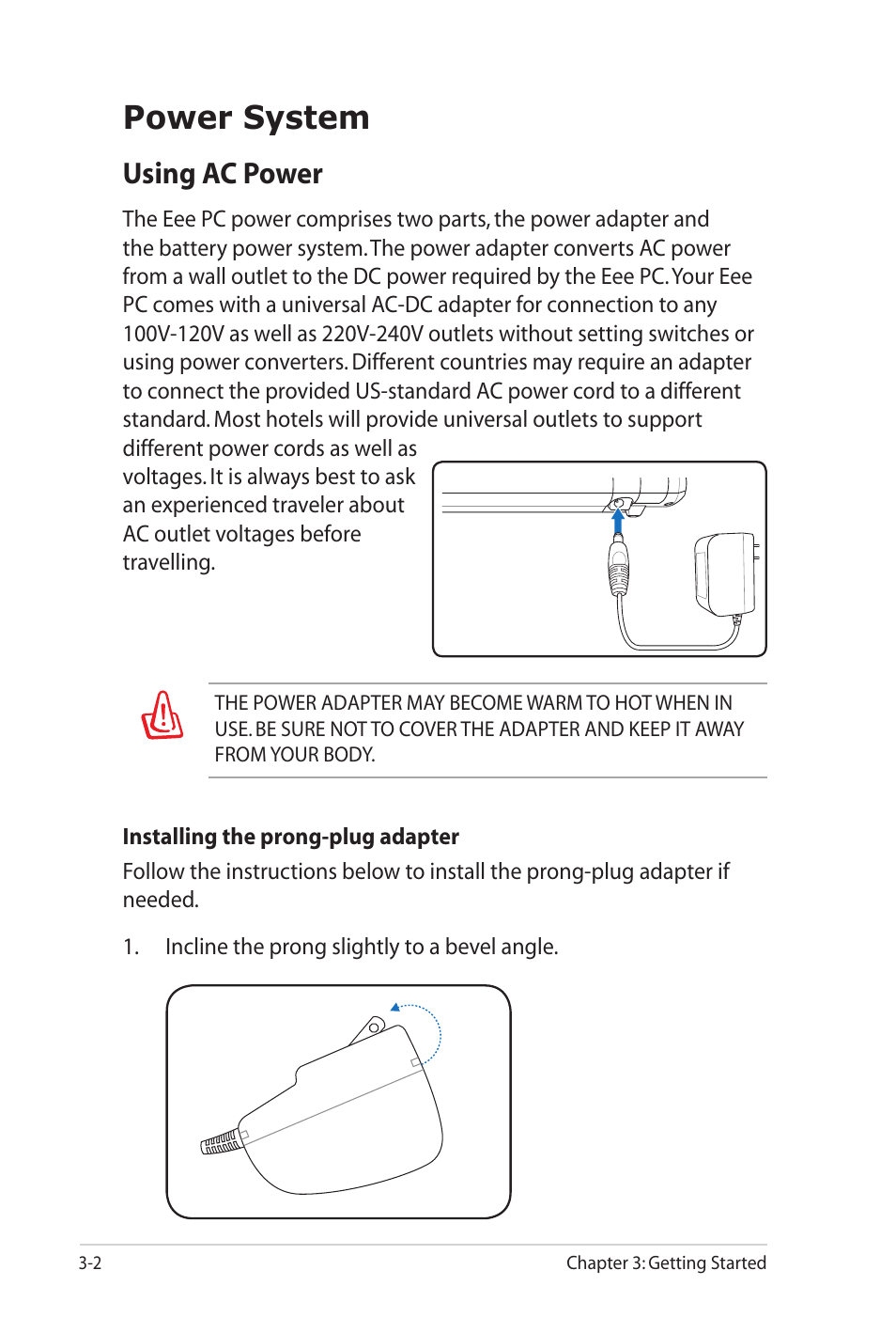 Power system, Using ac power | Asus Eee PC 701SD/XP User Manual | Page 24 / 80