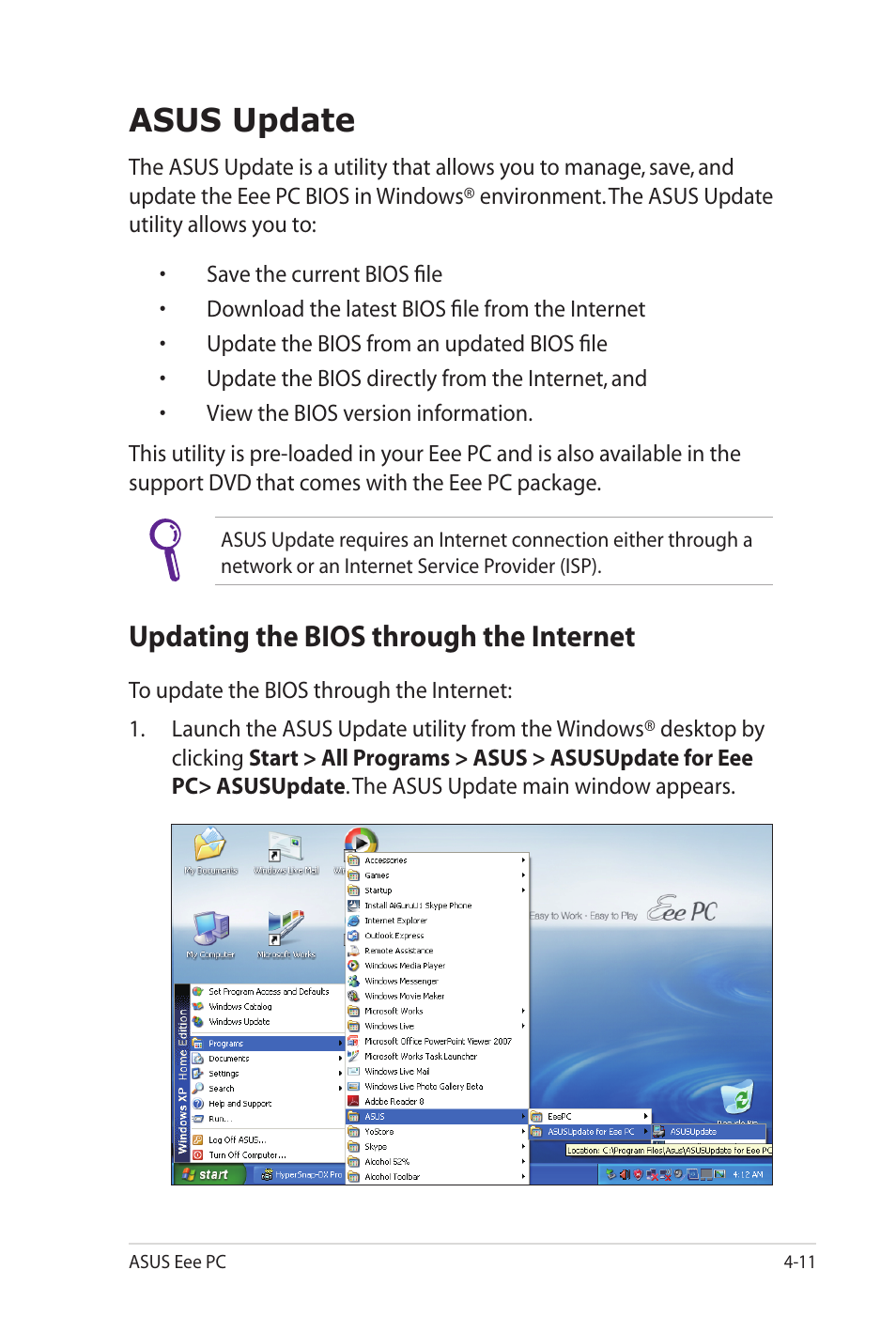 Asus update, Updating the bios through the internet | Asus Eee PC 701SD/XP User Manual | Page 51 / 80