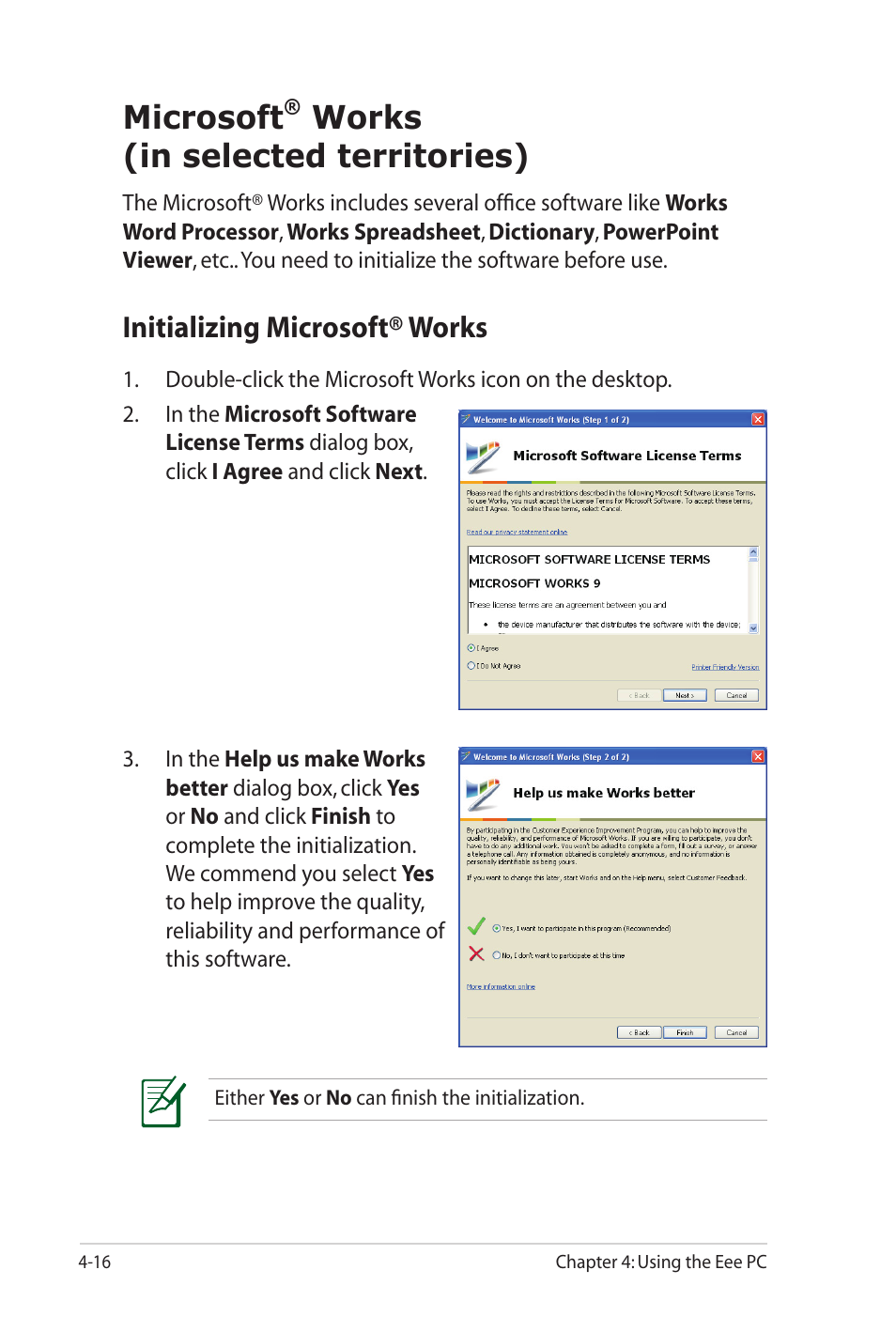 Microsoft, Works (in selected territories), Initializing microsoft® works | Asus Eee PC 701SD/XP User Manual | Page 56 / 80